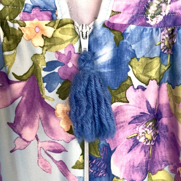 Vintage Nightgown Blue Purple Floral House Dress Zip Up Pom Pom Grandma XXl - Picture 6 of 10